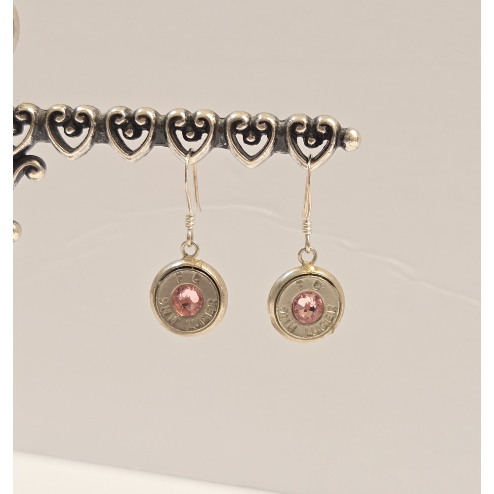 Unique Sterling Silver 9mm Luger Shell Casing Back Pink Stone Dangle Earrings